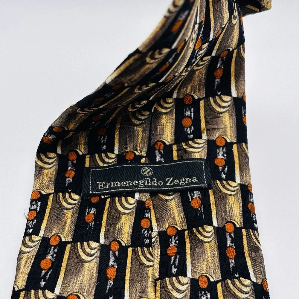 Ermenegildo‎ Zegna Tie Mens OS Gold Black Orange Geometric Silk Italy Luxury